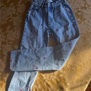 PacSun Light Blue mom Jeans with Red & White Embroidered Flowers SIZE 22